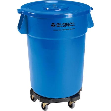 Global Industrial Plastic Trash Can with Lid & Dolly, 44 Gallon Blue 240462BLB